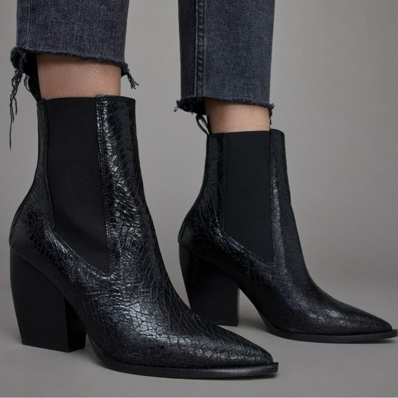 ALL SAINTS | RIA CROC EMBOSSED CHELSEA HEELED BOOT IN BLACK LEATHER SIZE 10 - Picture 1 of 9